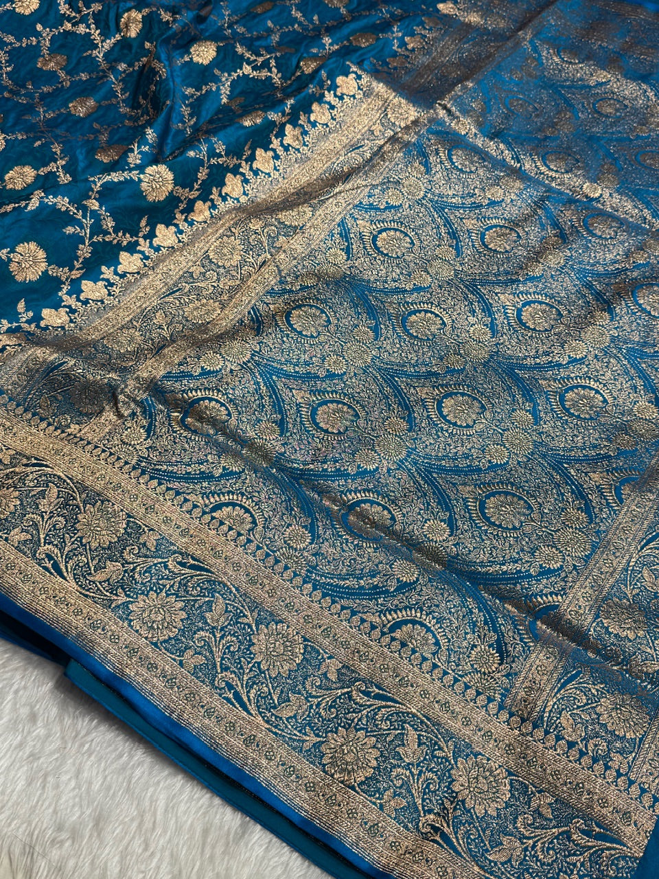 Blue Tanchoi Katan Jaal Silk Saree SKTM05