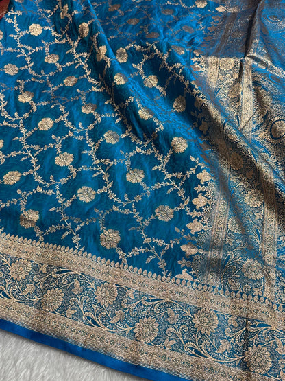 Blue Tanchoi Katan Jaal Silk Saree SKTM05