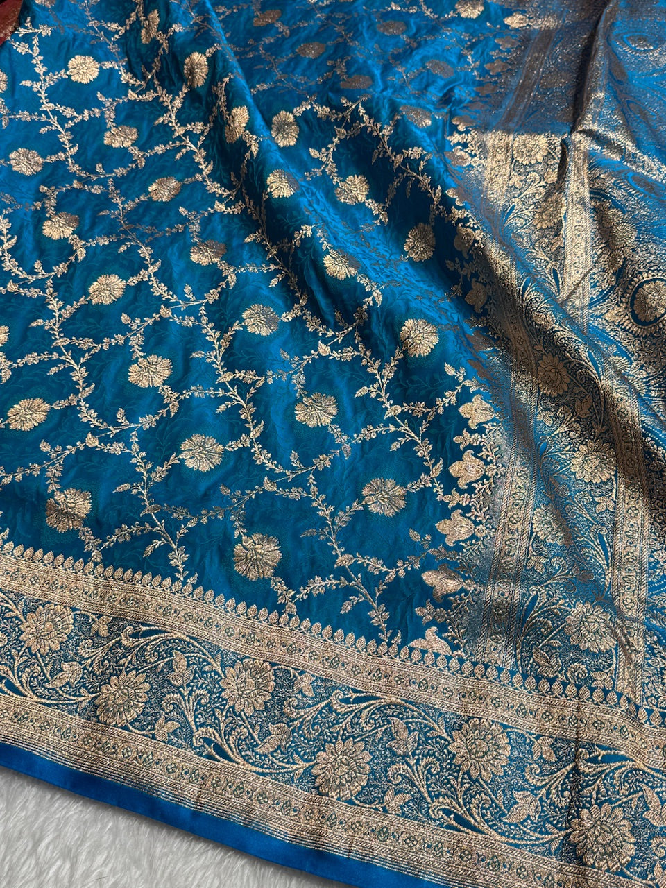 Blue Tanchoi Katan Jaal Silk Saree SKTM05