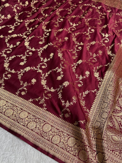 Garnet Banarasi Jaal Katan Silk Saree SKM40