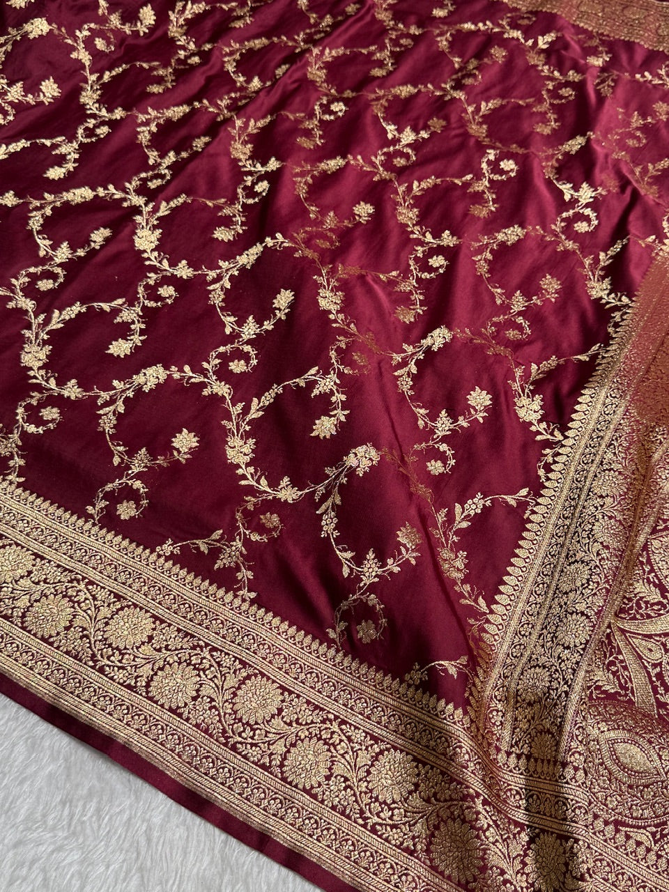 Garnet Banarasi Jaal Katan Silk Saree