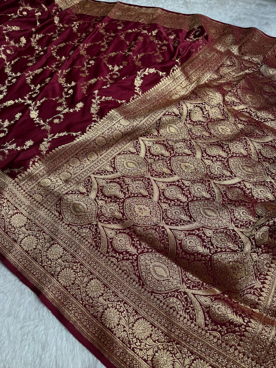 Garnet Banarasi Jaal Katan Silk Saree