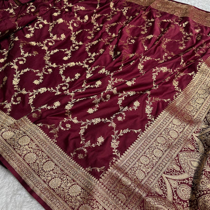 Garnet Banarasi Jaal Katan Silk Saree