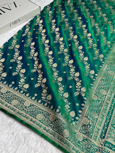 Bottle Green Cross & Booti Banarasi Katan Silk Saree SK24