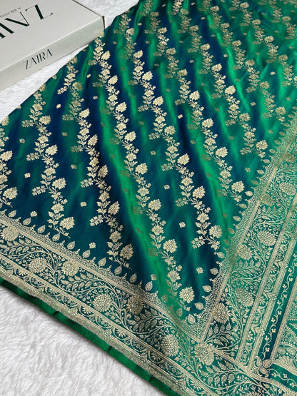 Bottle Green Cross & Booti Banarasi Katan Silk Saree
