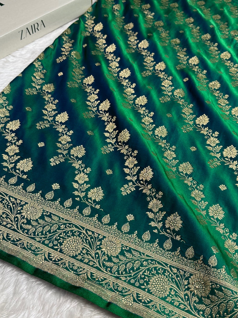 Bottle Green Cross & Booti Banarasi Katan Silk Saree
