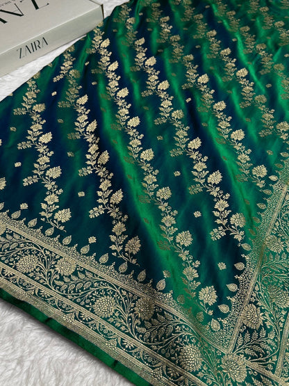 Bottle Green Cross & Booti Banarasi Katan Silk Saree