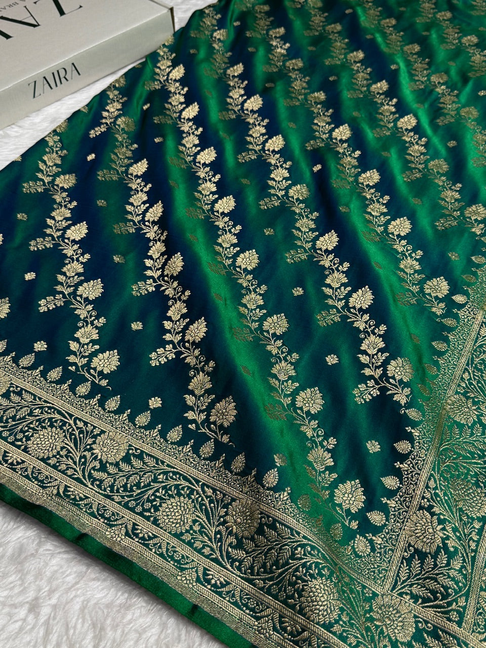Bottle Green Cross & Booti Banarasi Katan Silk Saree