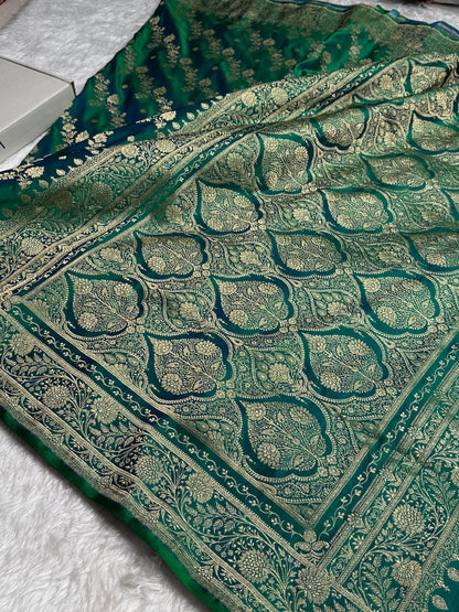 Bottle Green Cross & Booti Banarasi Katan Silk Saree