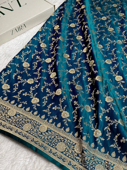 Dark Blue Banarasi Jaal Katan Silk Saree
