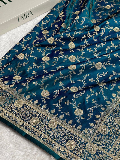 Peacock shades Banarasi Jaal Katan Silk Saree SKM37