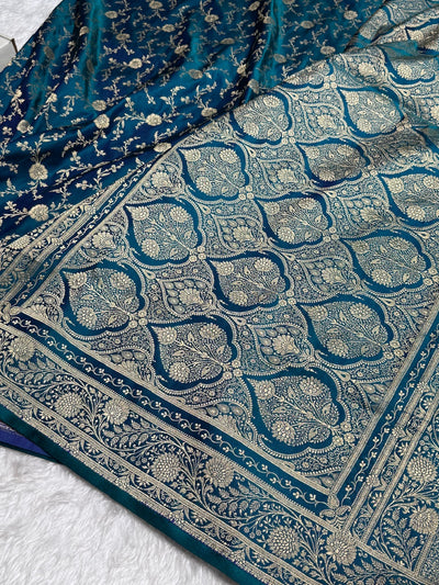 Peacock shades Banarasi Jaal Katan Silk Saree SKM37
