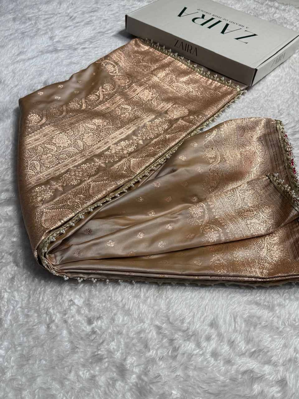 Beige Booti Satin Katan Silk Saree with Gota Patti
