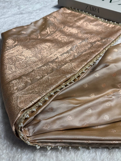 Beige Booti Satin Katan Silk Saree with Gota Patti