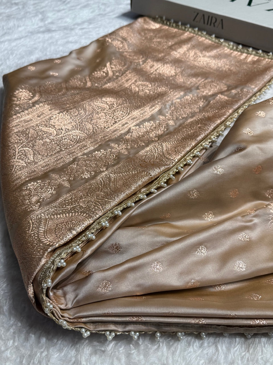 Beige Booti Satin Katan Silk Saree with Gota Patti