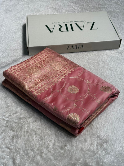 Baby Pink Banarasi Jaal Satin Katan Silk Saree SK06