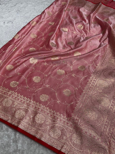 Baby Pink Banarasi Jaal Satin Katan Silk Saree SK06