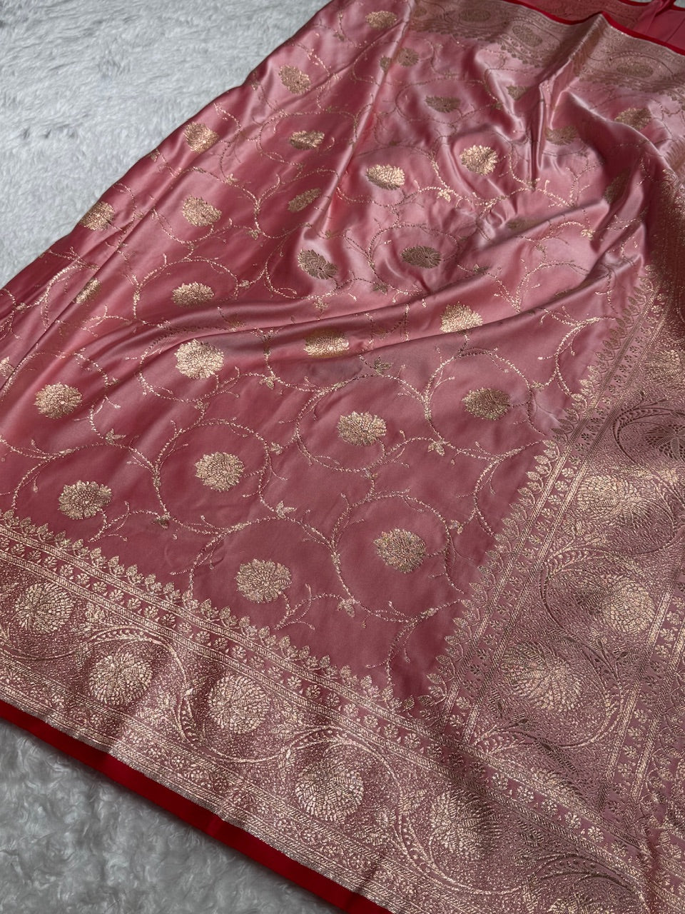Baby Pink Banarasi Jaal Satin Katan Silk Saree