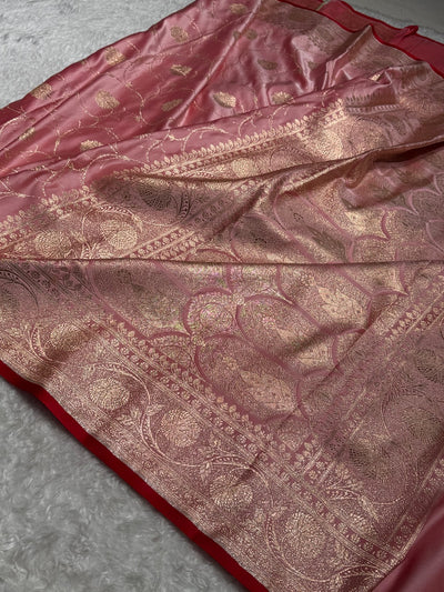 Baby Pink Banarasi Jaal Satin Katan Silk Saree SK06