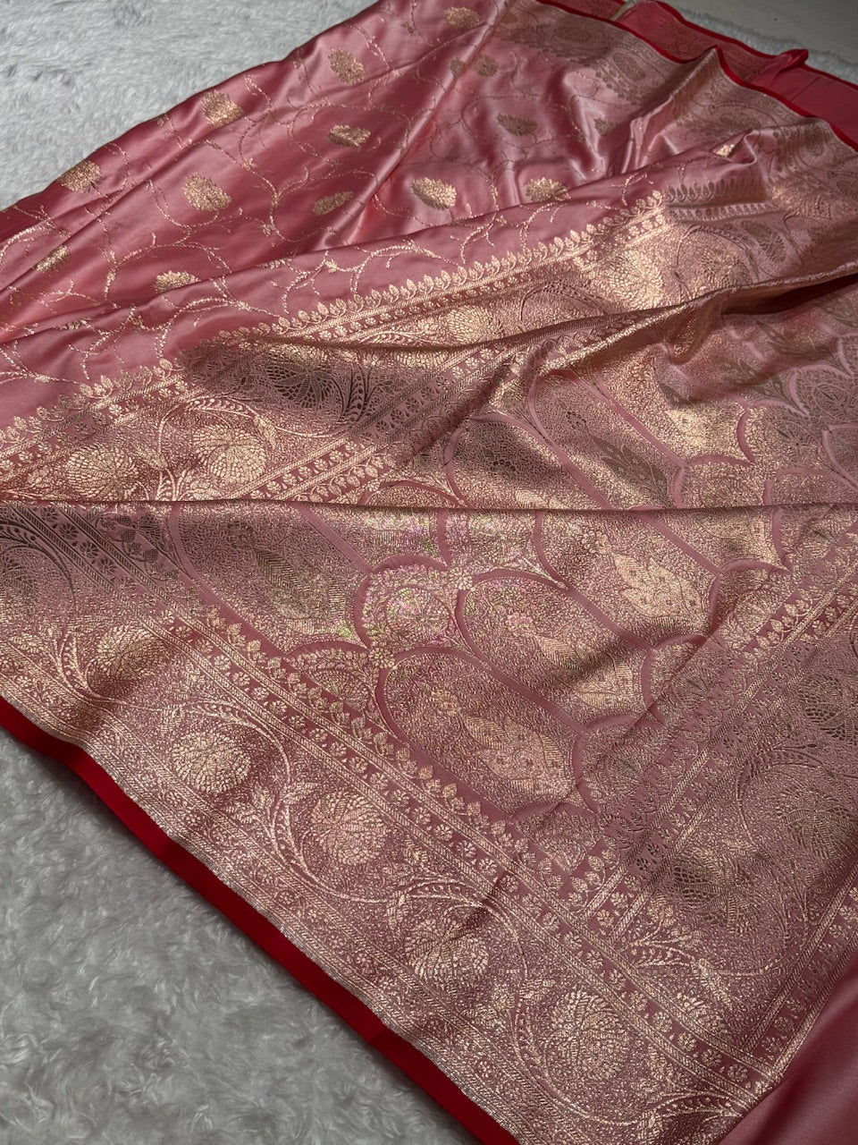 Baby Pink Banarasi Jaal Satin Katan Silk Saree