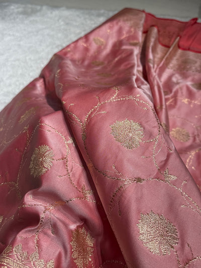 Baby Pink Banarasi Jaal Satin Katan Silk Saree SK06