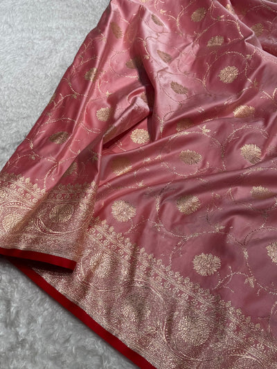Baby Pink Banarasi Jaal Satin Katan Silk Saree SK06