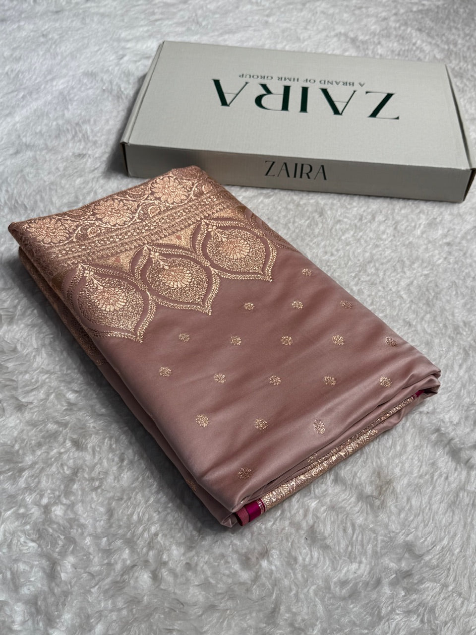 Rose Gold Booti Satin katan Silk Saree