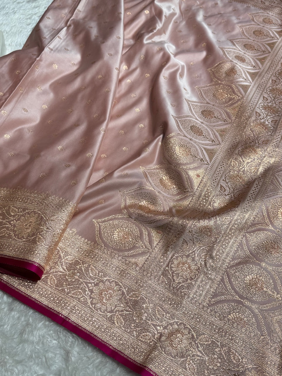 Rose Gold Booti Satin katan Silk Saree