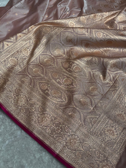 Rose Gold Booti Satin katan Silk Saree