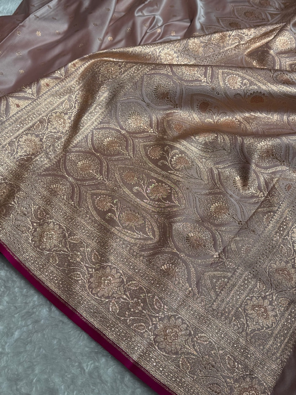 Rose Gold Booti Satin katan Silk Saree