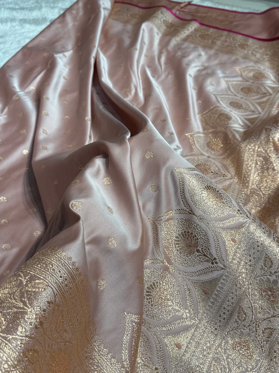 Rose Gold Booti Satin katan Silk Saree