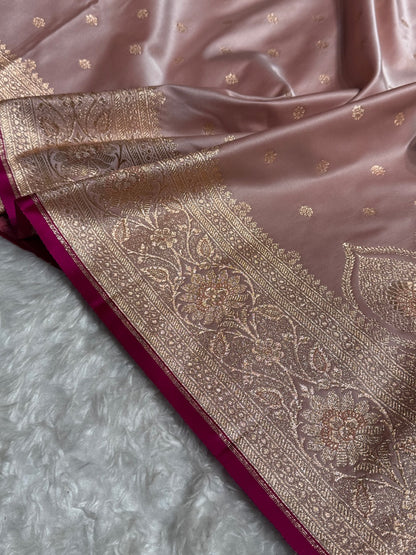 Rose Gold Booti Satin katan Silk Saree