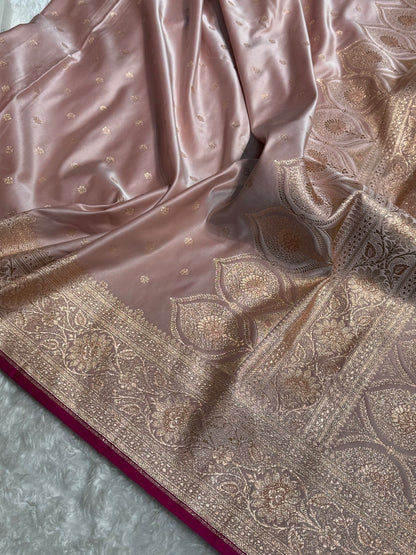 Rose Gold Booti Satin katan Silk Saree