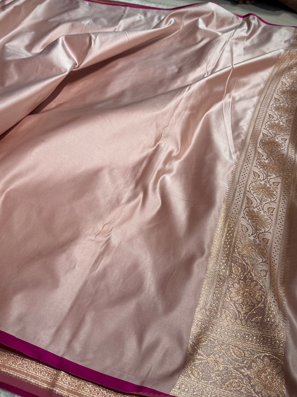 Rose Gold Booti Satin katan Silk Saree