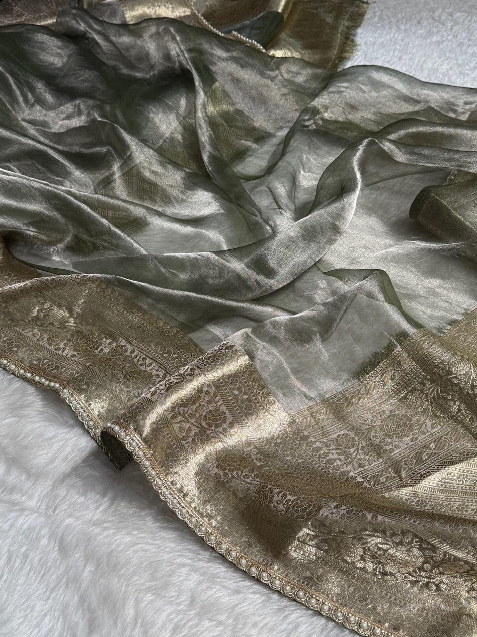 Greenish Grey Shades Pure Tissue Silk Saree with Gota Patti PTGP-08