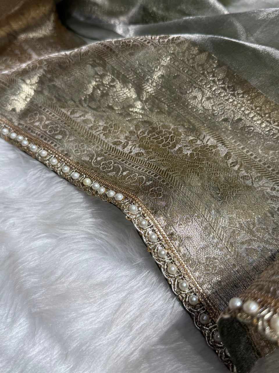 Greenish Grey Shades Pure Tissue Silk Saree with Gota Patti PTGP-08