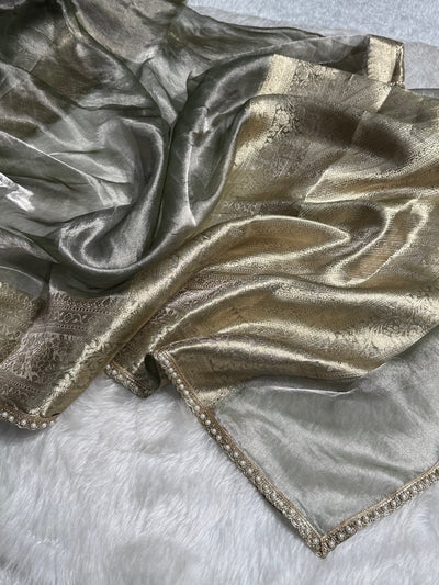 Greenish Grey Shades Pure Tissue Silk Saree with Gota Patti PTGP-08