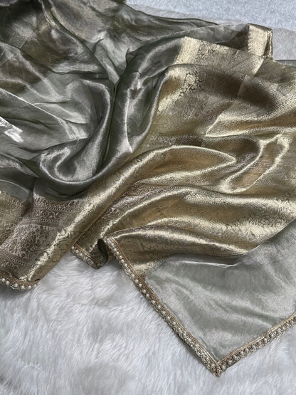 Greenish Grey Shades Pure Tissue Silk Saree with Gota Patti PTGP-08