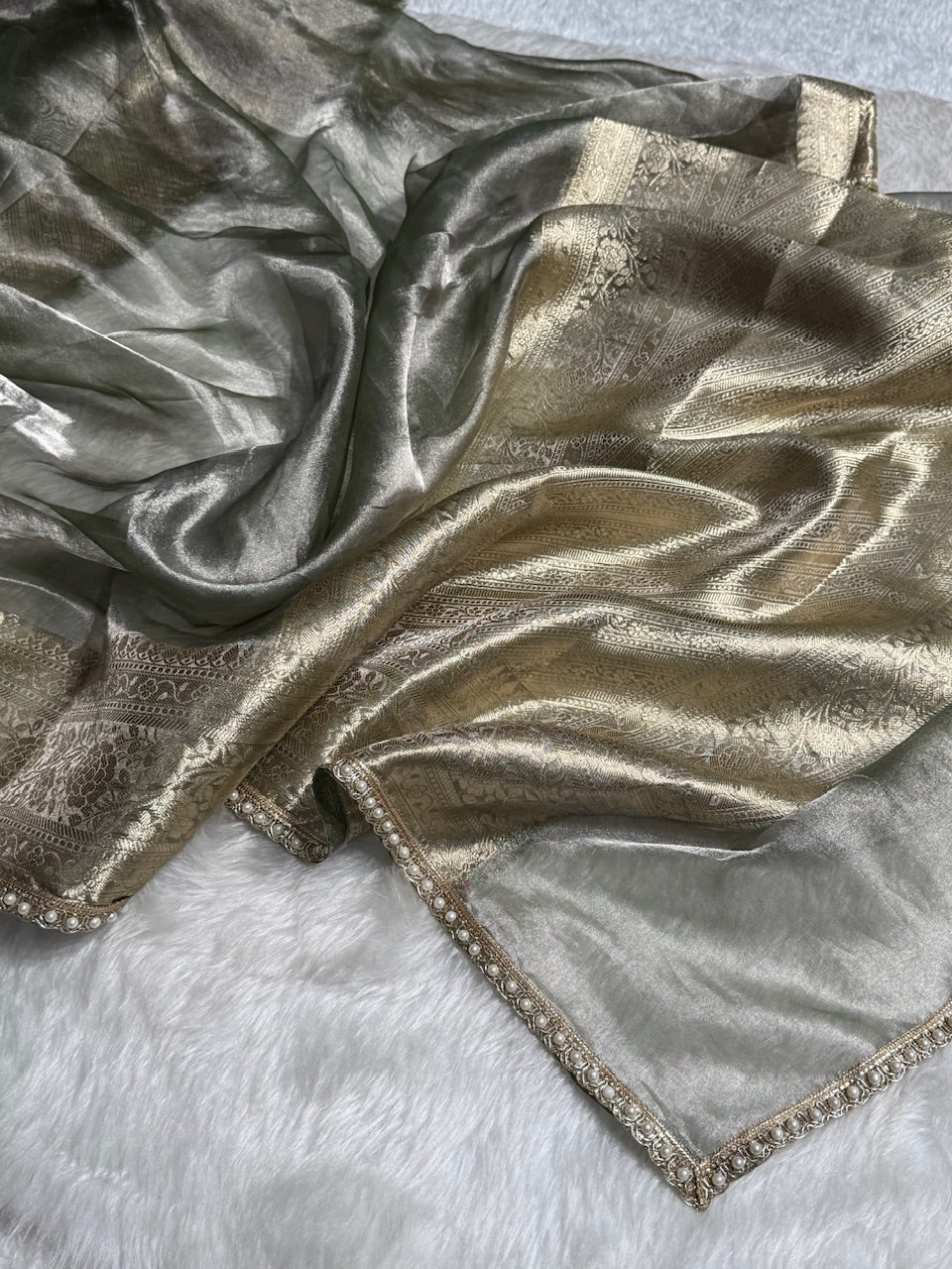 Greenish Grey Shades Pure Tissue Silk Saree with Gota Patti PTGP-08