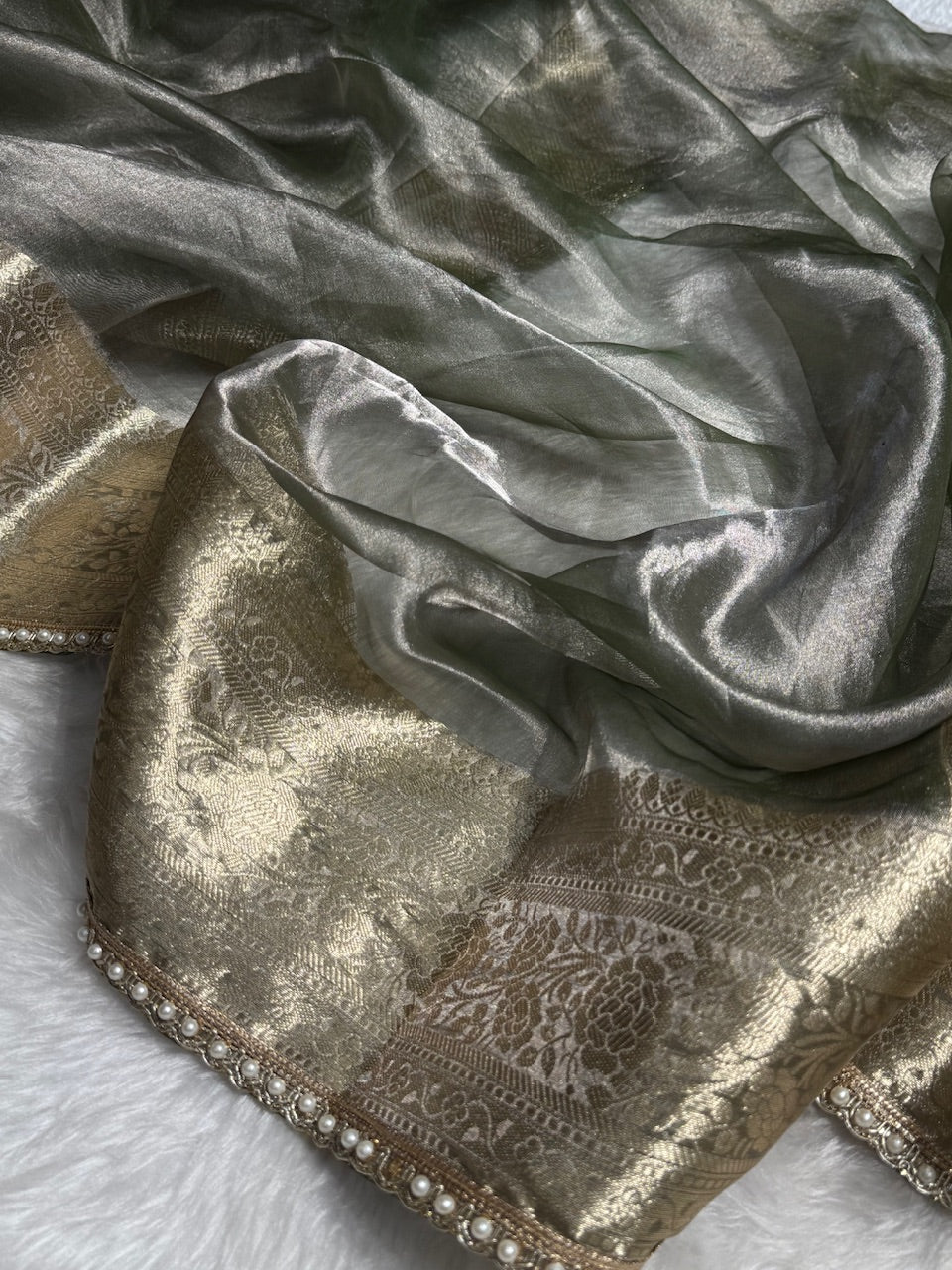 Greenish Grey Shades Pure Tissue Silk Saree with Gota Patti PTGP-08
