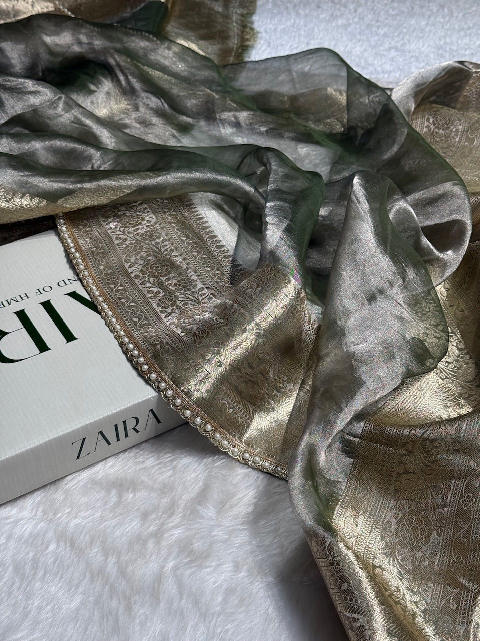 Greenish Grey Shades Pure Tissue Silk Saree with Gota Patti PTGP-08