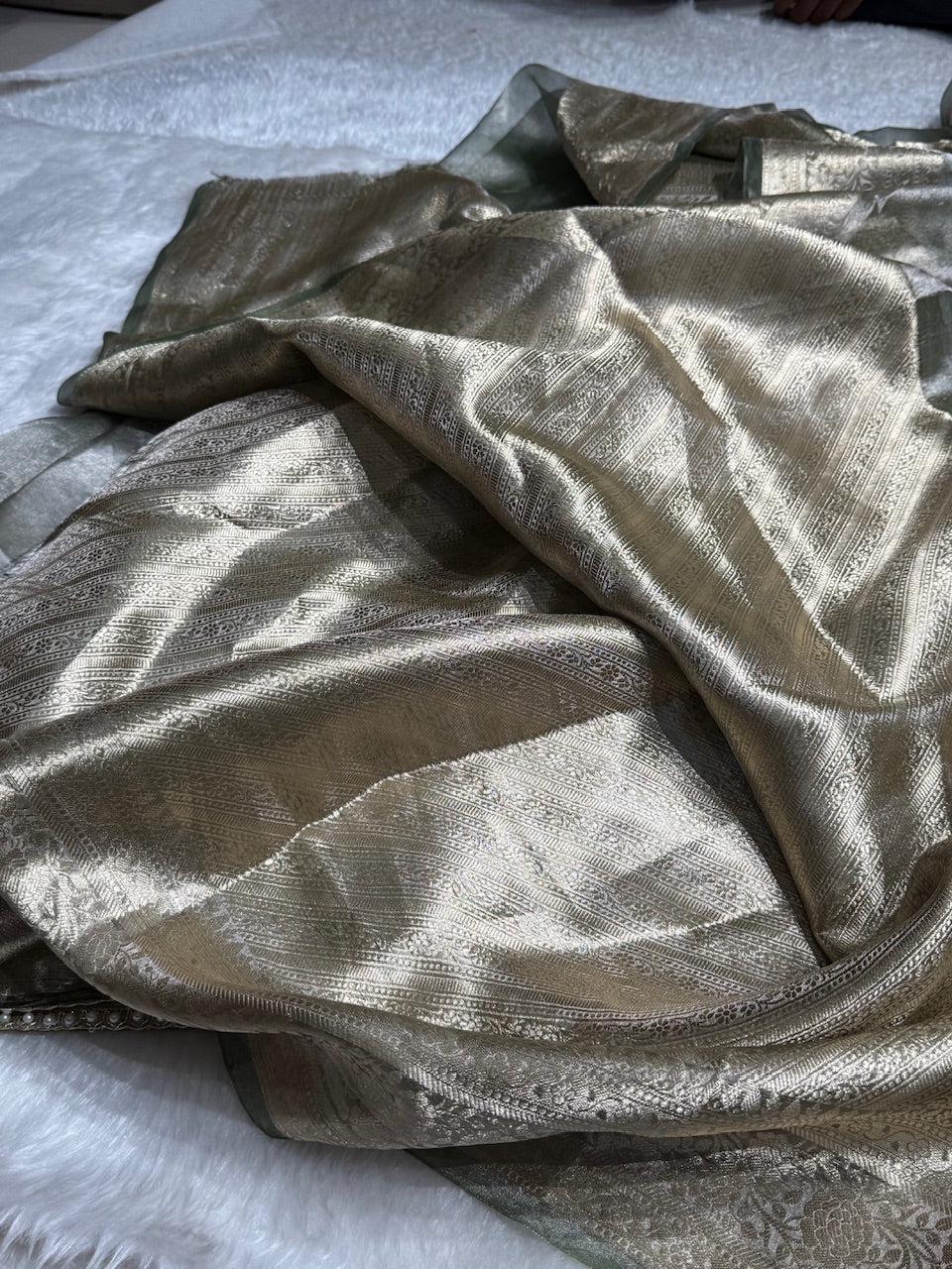 Greenish Grey Shades Pure Tissue Silk Saree with Gota Patti PTGP-08