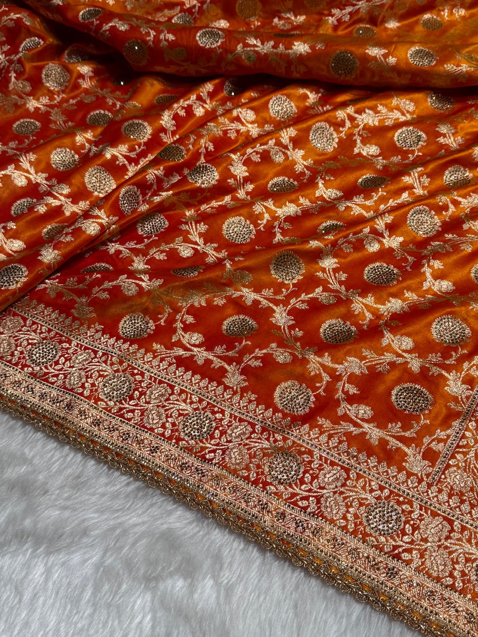 Light Weight Orange Gold Satin Silk Saree with WORK BSS15