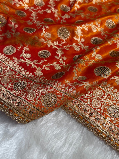 Light Weight Orange Gold Satin Silk Saree with WORK BSS15