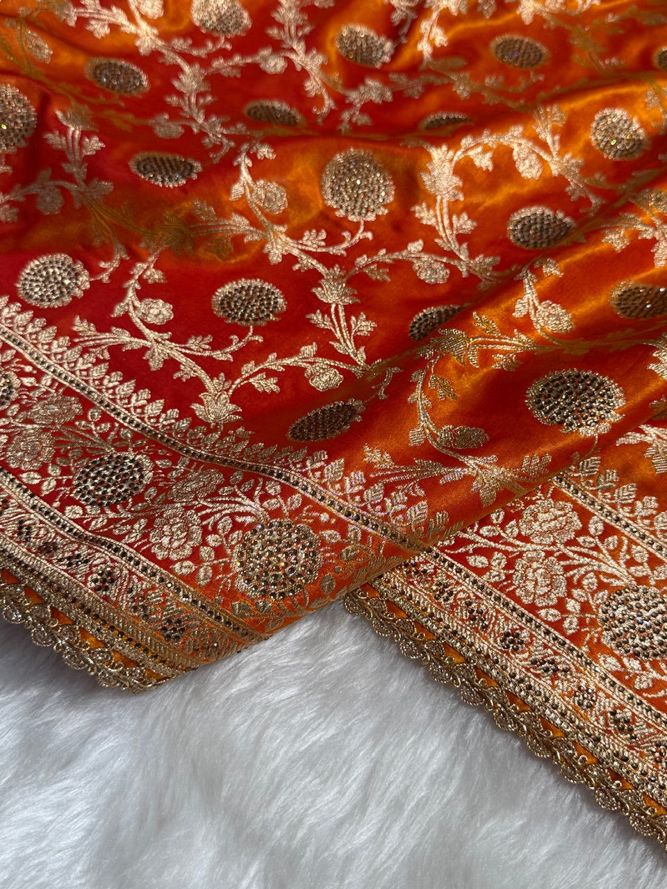 Light Weight Orange Gold Satin Silk Saree with WORK BSS15