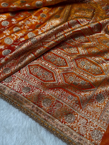 Light Weight Orange Gold Satin Silk Saree with WORK BSS15