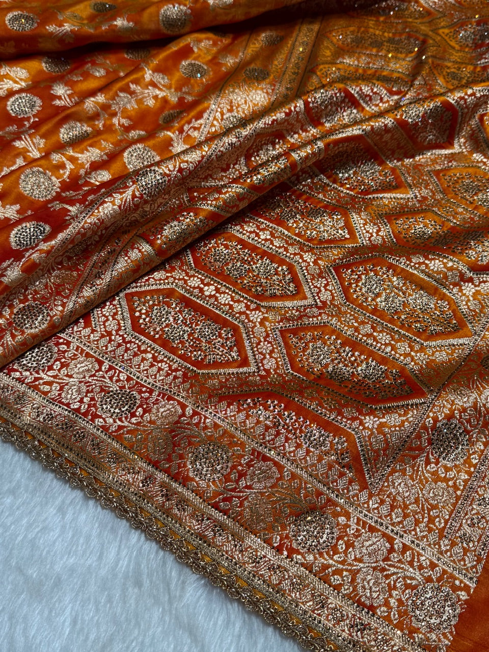 Light Weight Orange Gold Satin Silk Saree with WORK BSS15