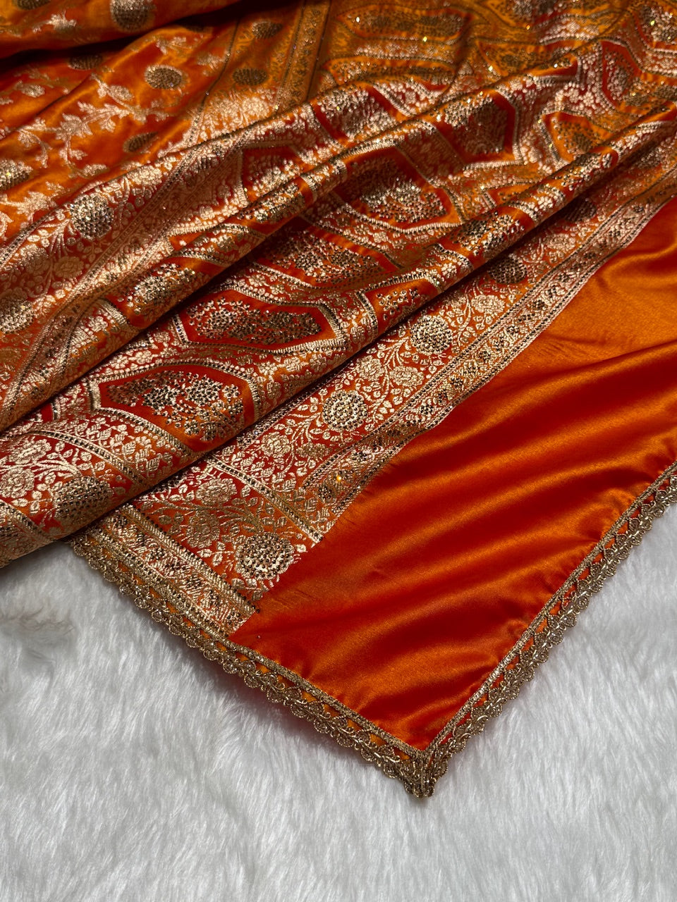 Light Weight Orange Gold Satin Silk Saree with WORK BSS15