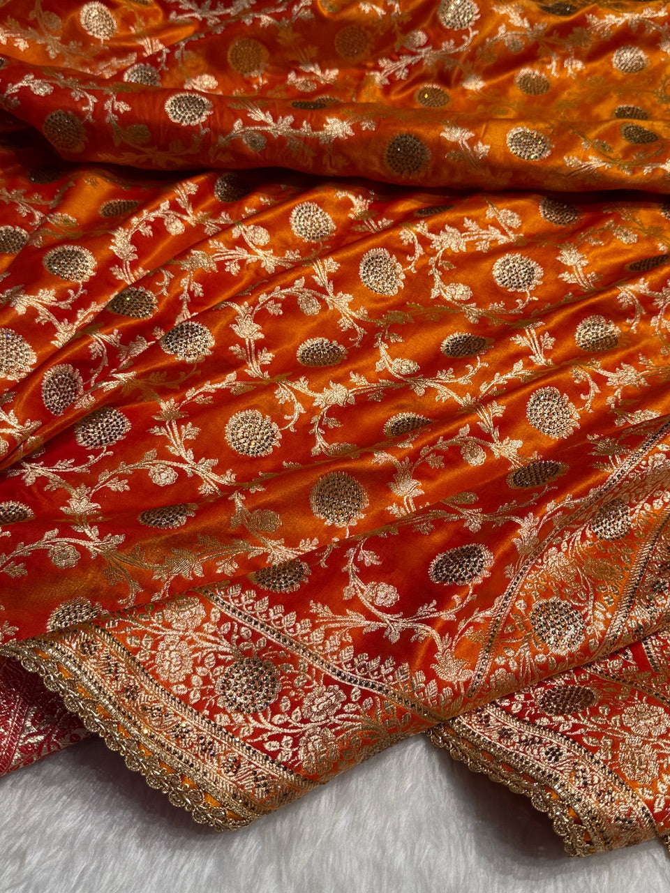 Light Weight Orange Gold Satin Silk Saree with WORK BSS15