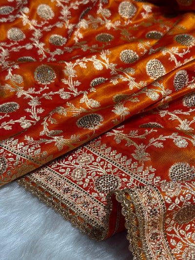 Light Weight Orange Gold Satin Silk Saree with Swarovski & Gotta Patti Work BSSGP15